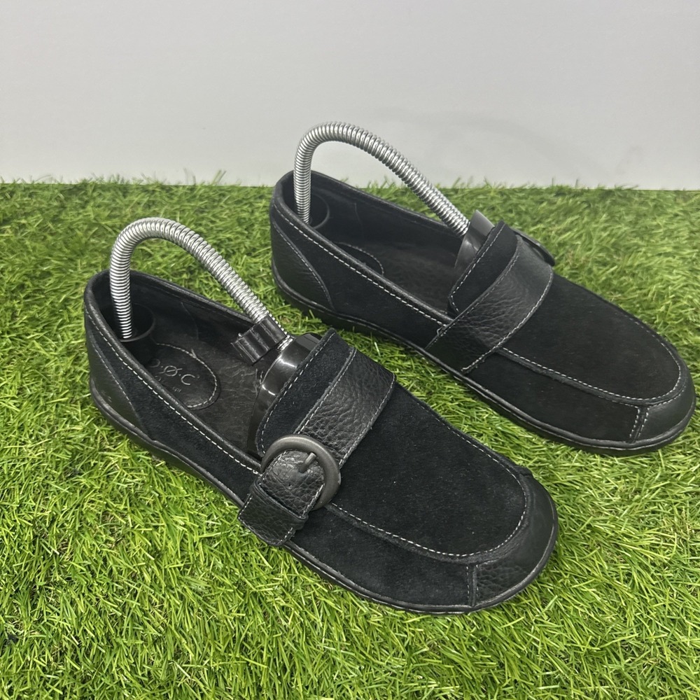 Born b.o. c Womens Erna Loafers Size 7.5 Black Suede Slip On Flat Shoes Buckles